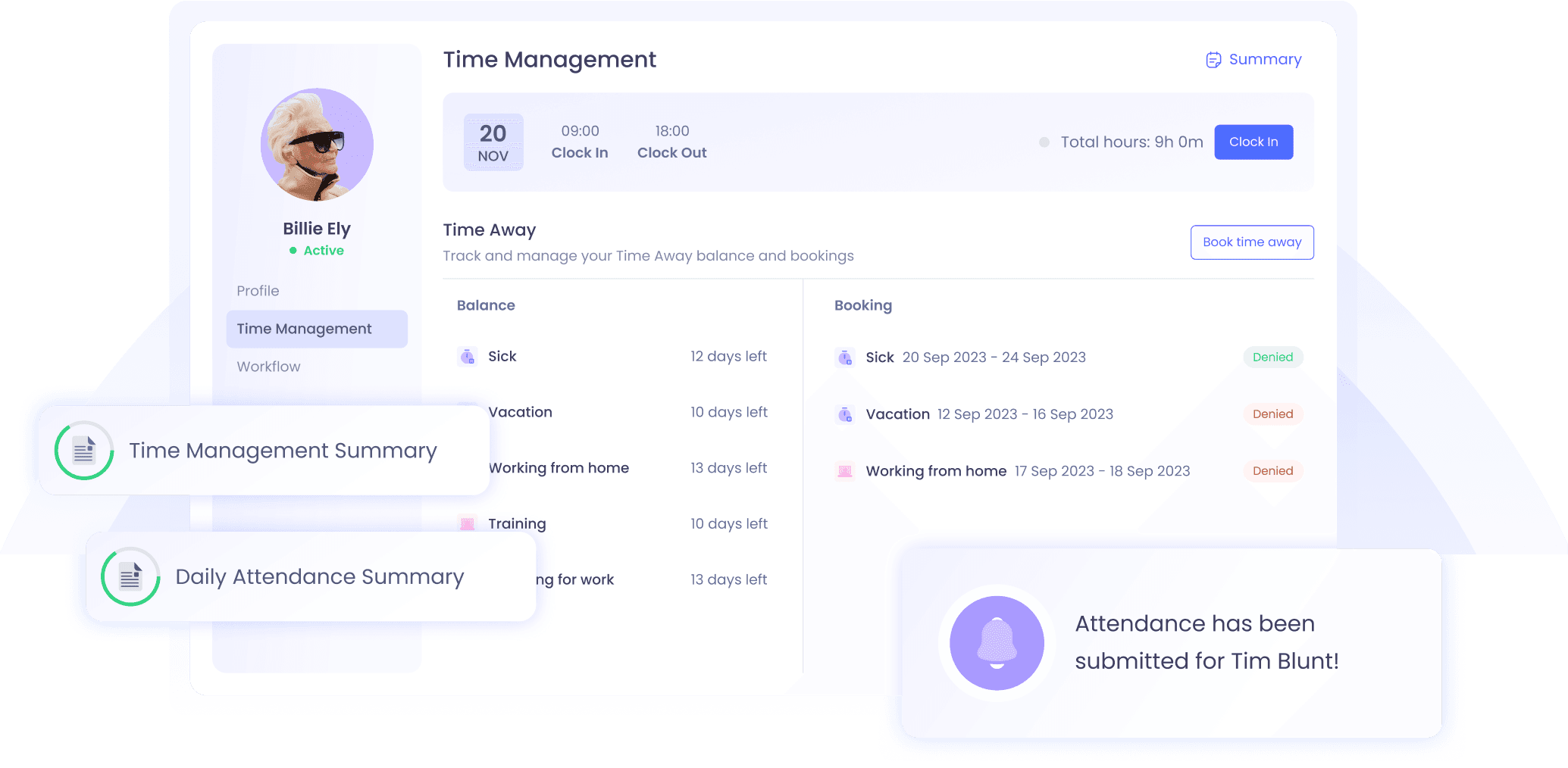 Time management view inside the employee profile