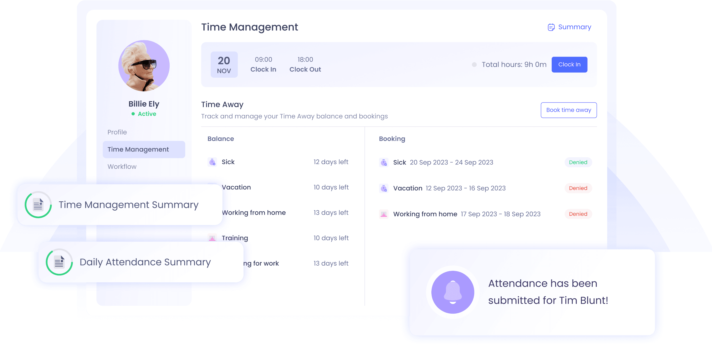 Time management view inside the employee profile